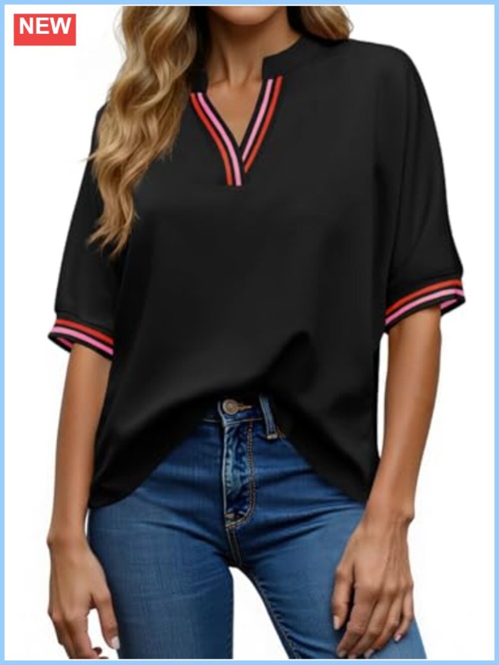 Women's Oversized Tunic Top Color Block Casual Half Sleeve V-Neck